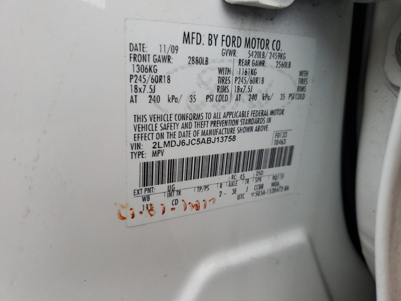 2010 Lincoln Mkx VIN: 2LMDJ6JC5ABJ13758 Lot: 92839805