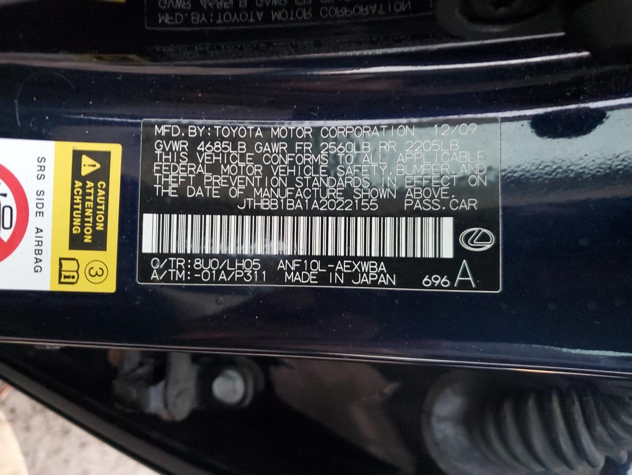 2010 Lexus Hs 250H VIN: JTHBB1BA1A2022155 Lot: 93131125