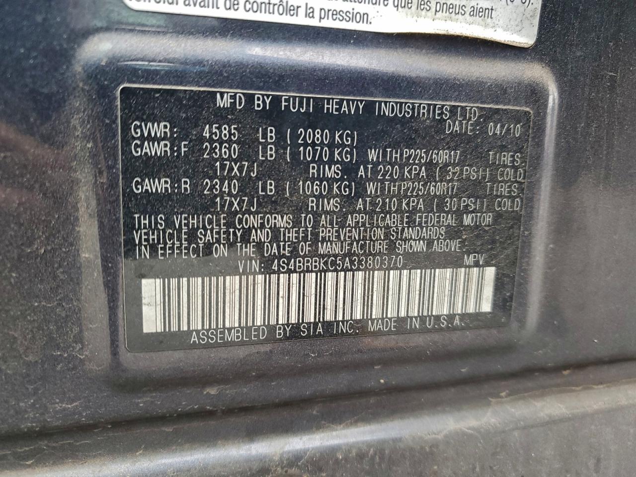 2010 Subaru Outback 2.5I Limited VIN: 4S4BRBKC5A3380370 Lot: 93131205