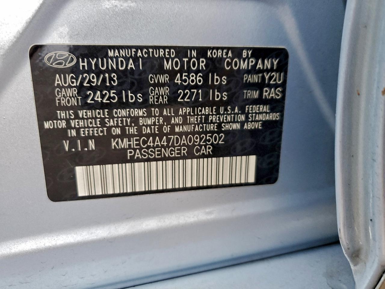 2013 Hyundai Sonata Hybrid VIN: KMHEC4A47DA092502 Lot: 94450745