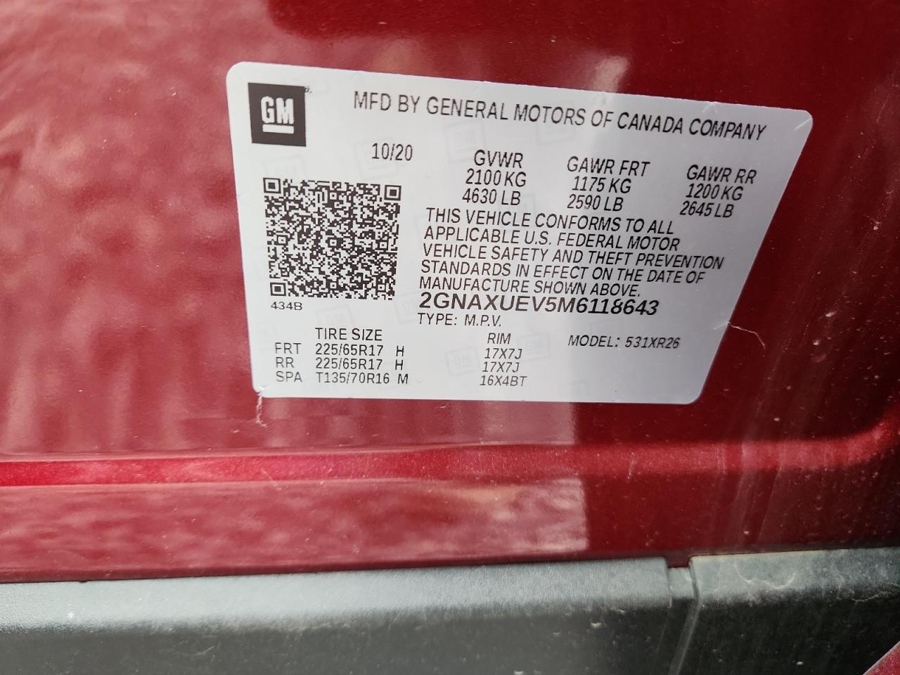 2021 Chevrolet Equinox Lt VIN: 2GNAXUEV5M6118643 Lot: 92237335