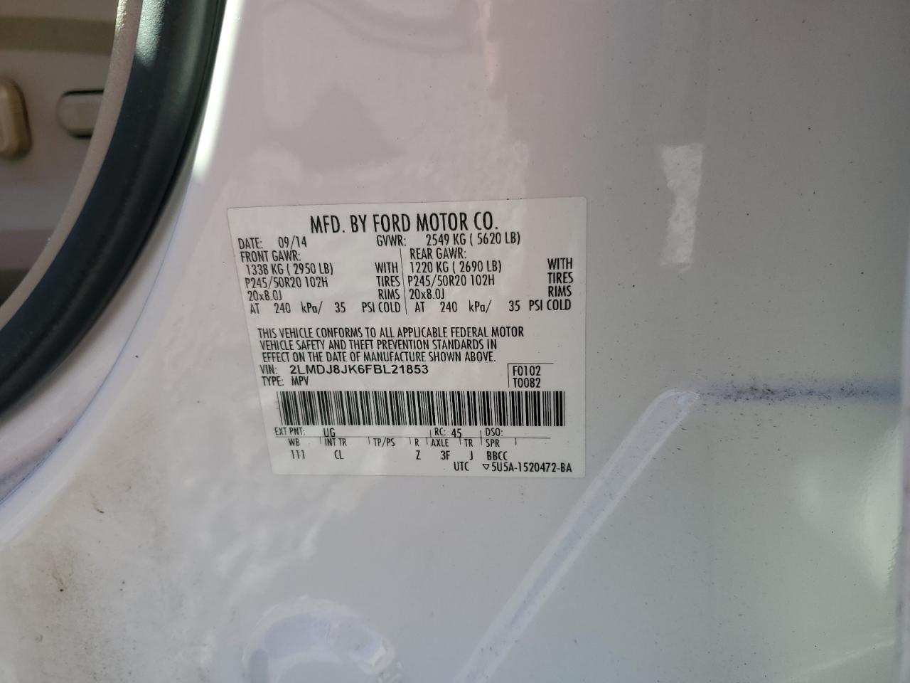 2015 Lincoln Mkx VIN: 2LMDJ8JK6FBL21853 Lot: 93112365