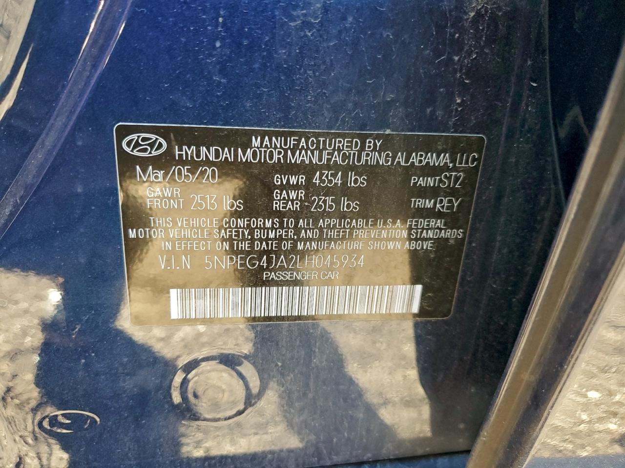 2020 Hyundai Sonata Se VIN: 5NPEG4JA2LH045934 Lot: 94236995