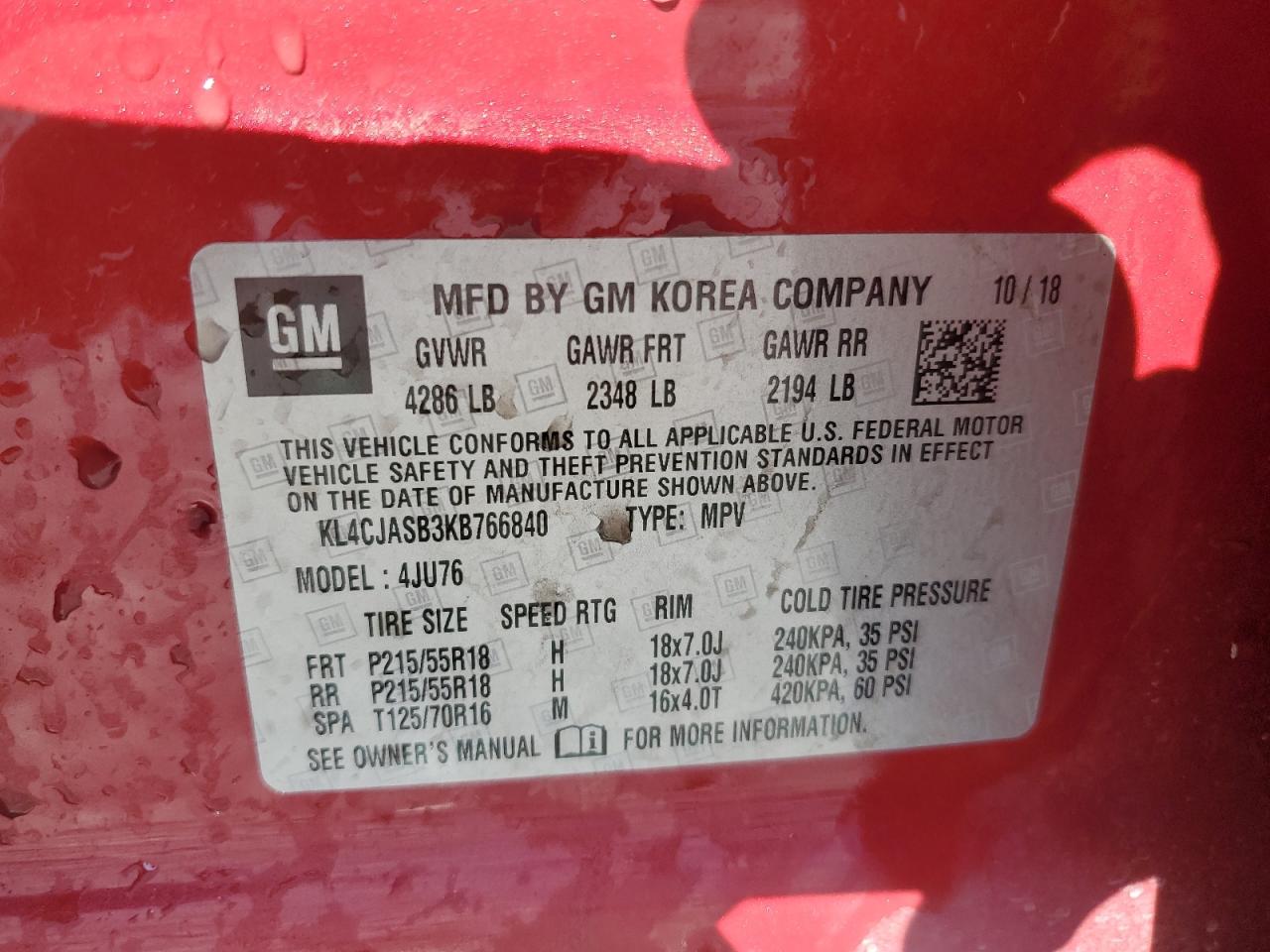 2019 Buick Encore Preferred VIN: KL4CJASB3KB766840 Lot: 91034765