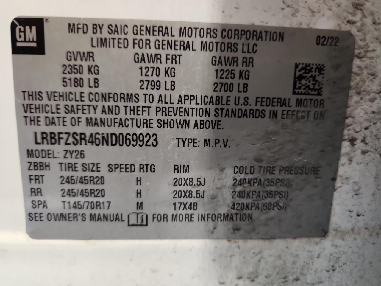 2022 Buick Envision Avenir VIN: LRBFZSR46ND069923 Lot: 93047445