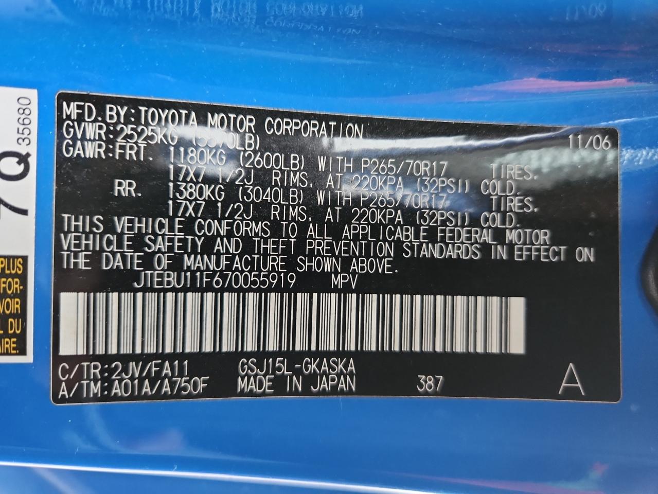 2007 Toyota Fj Cruiser VIN: JTEBU11F670055919 Lot: 92676205