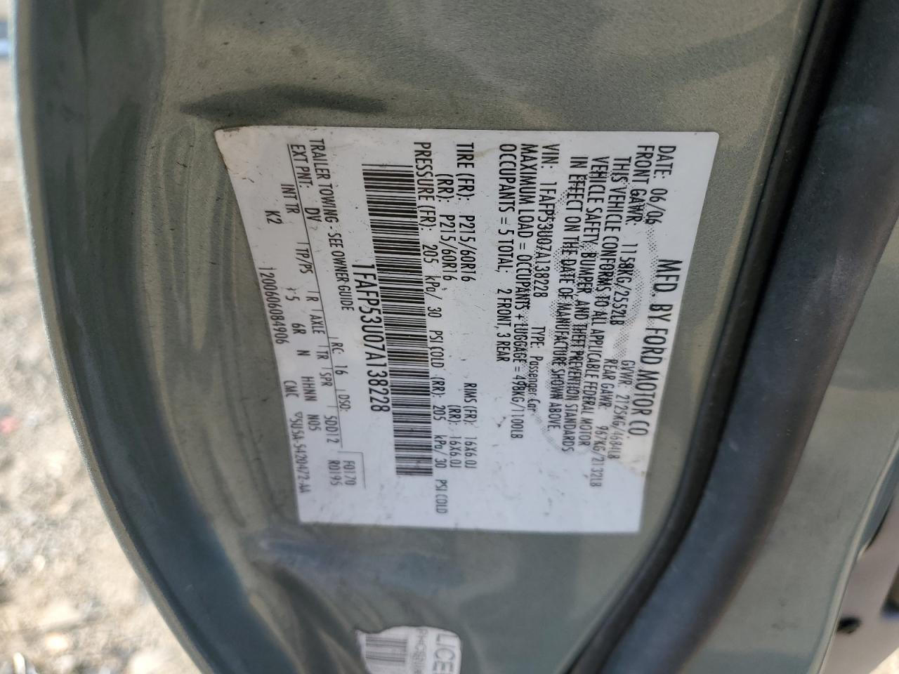 2007 Ford Taurus Se VIN: 1FAFP53U07A138228 Lot: 93624195