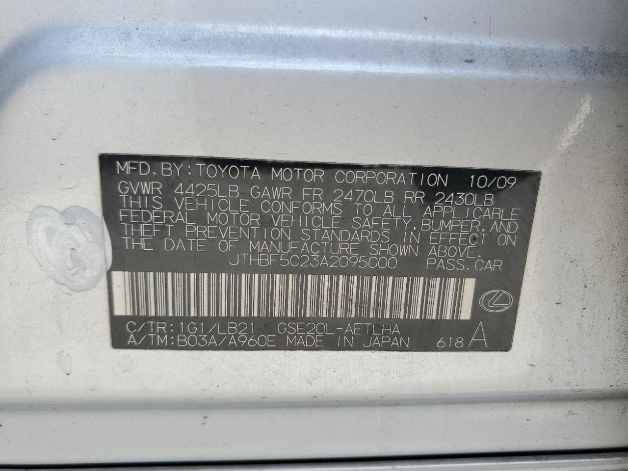 2010 Lexus Is 250 VIN: JTHBF5C23A2095000 Lot: 93440325