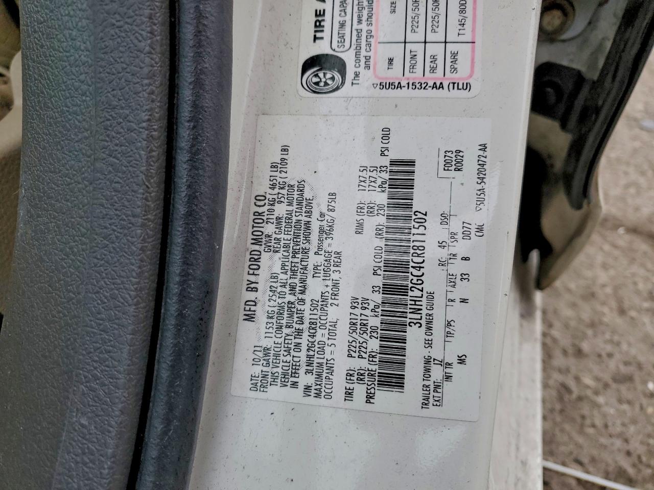 2012 Lincoln Mkz VIN: 3LNHL2GC4CR811502 Lot: 93480975