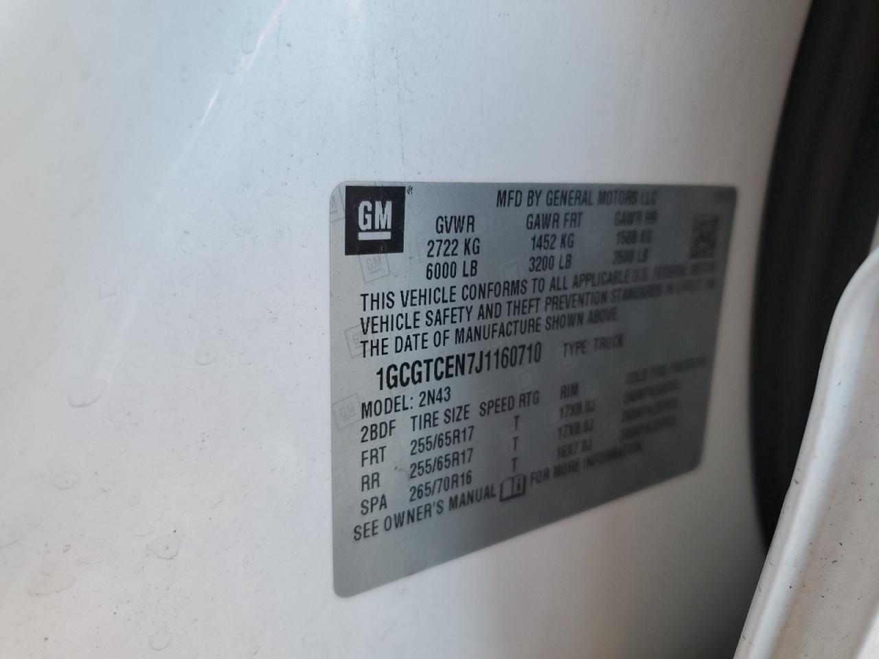 2018 Chevrolet Colorado Lt VIN: 1GCGTCEN7J1160710 Lot: 92655875