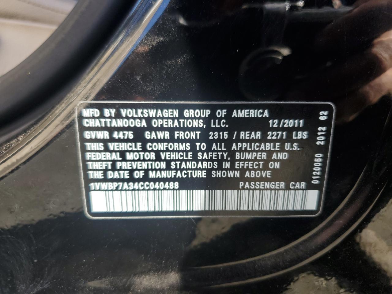 2012 Volkswagen Passat Se VIN: 1VWBP7A34CC040488 Lot: 91448485