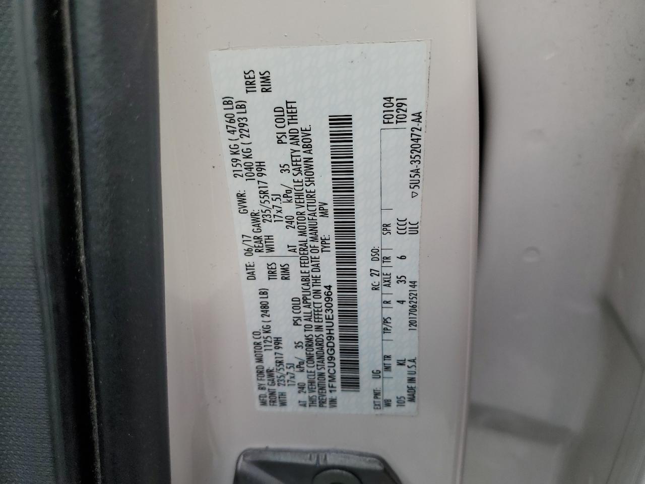 2017 Ford Escape Se VIN: 1FMCU9GD9HUE30964 Lot: 91244445