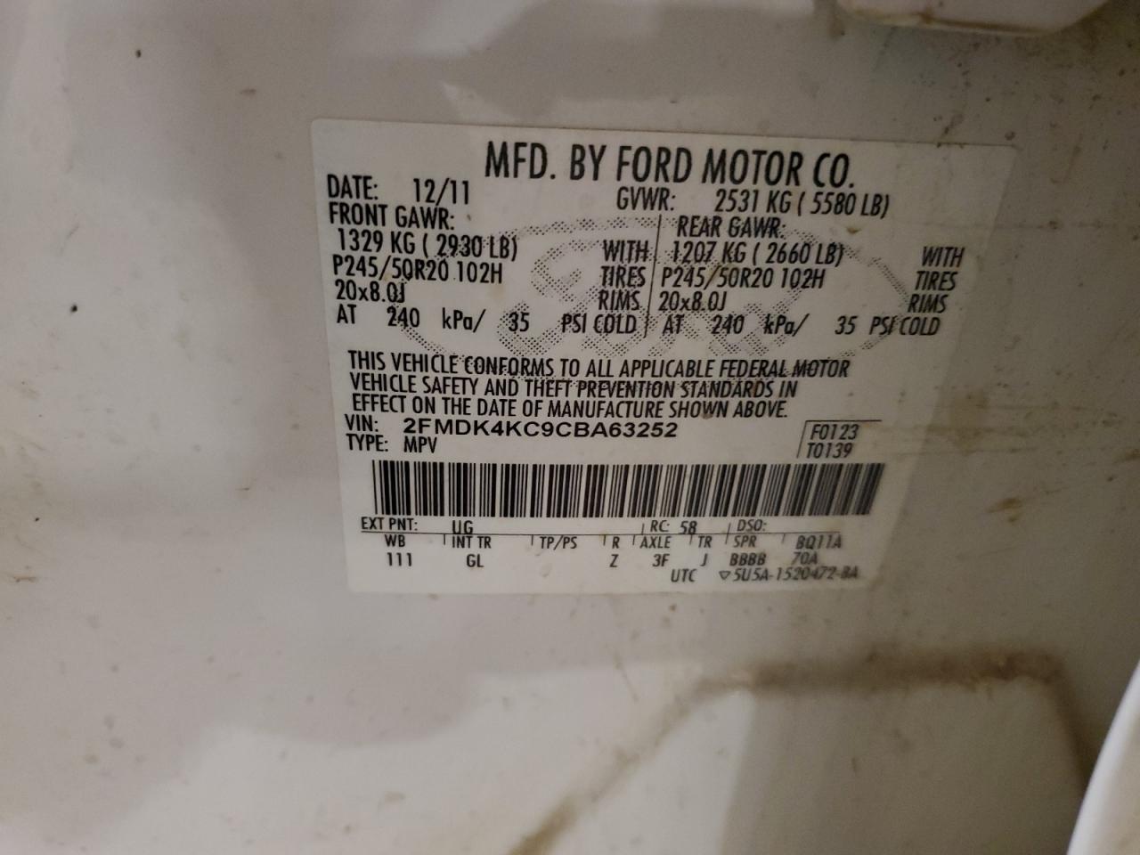 2012 Ford Edge Limited VIN: 2FMDK4KC9CBA63252 Lot: 93147515