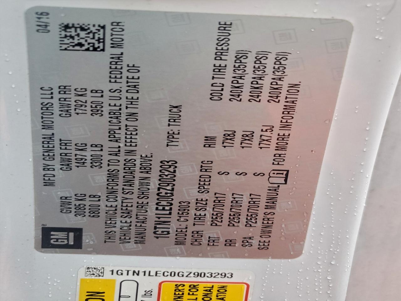 2016 GMC Sierra C1500 VIN: 1GTN1LEC0GZ903293 Lot: 94136615