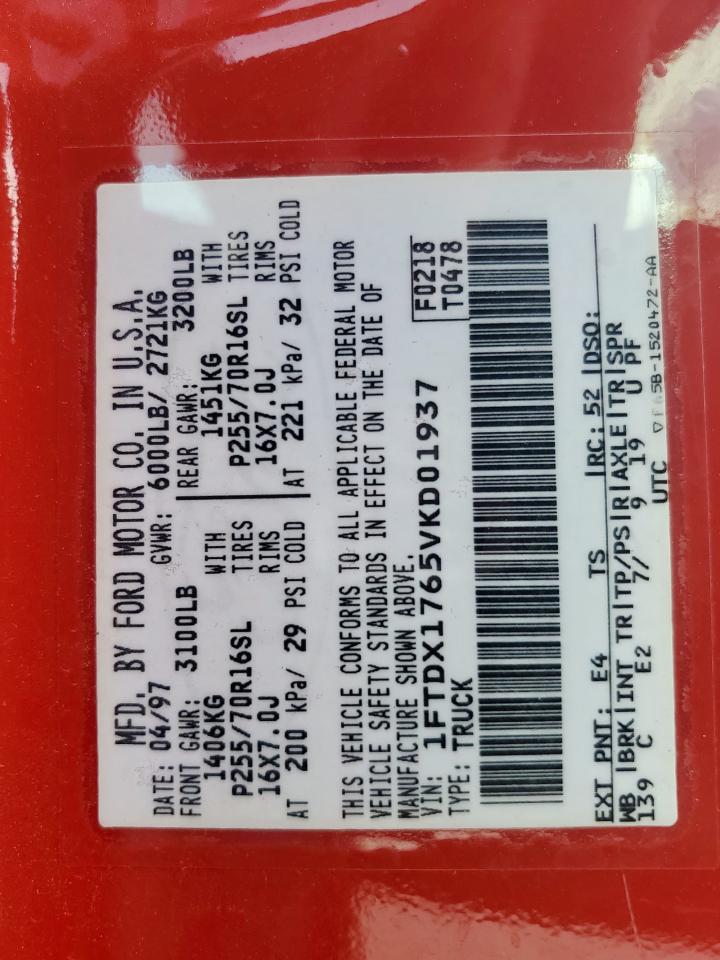 1997 Ford F150 VIN: 1FTDX1765VKD01937 Lot: 93561655