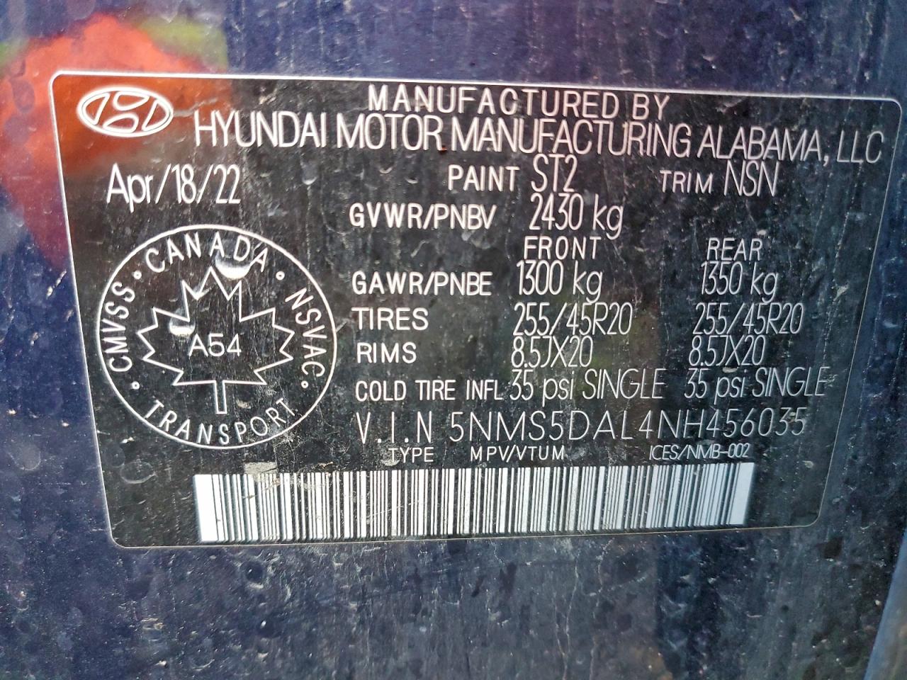 2022 Hyundai Santa Fe Calligraphy VIN: 5NMS5DAL4NH456035 Lot: 93853325