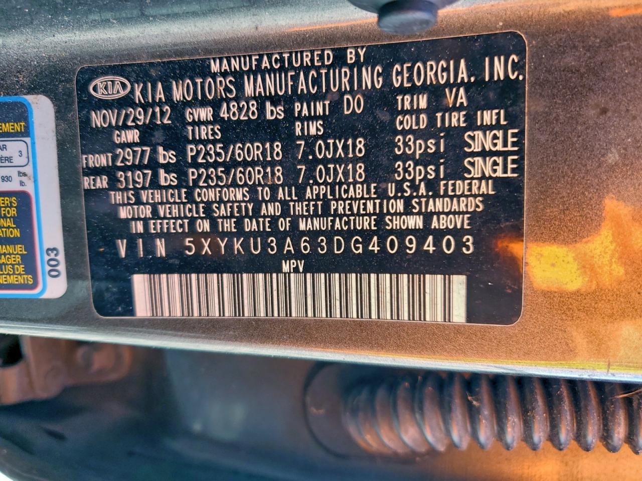 2013 Kia Sorento Ex VIN: 5XYKU3A63DG409403 Lot: 94493995