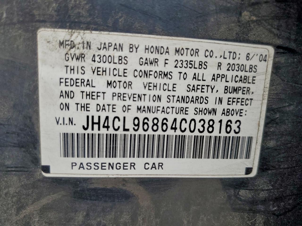 2004 Acura Tsx VIN: JH4CL96864C038163 Lot: 93698195