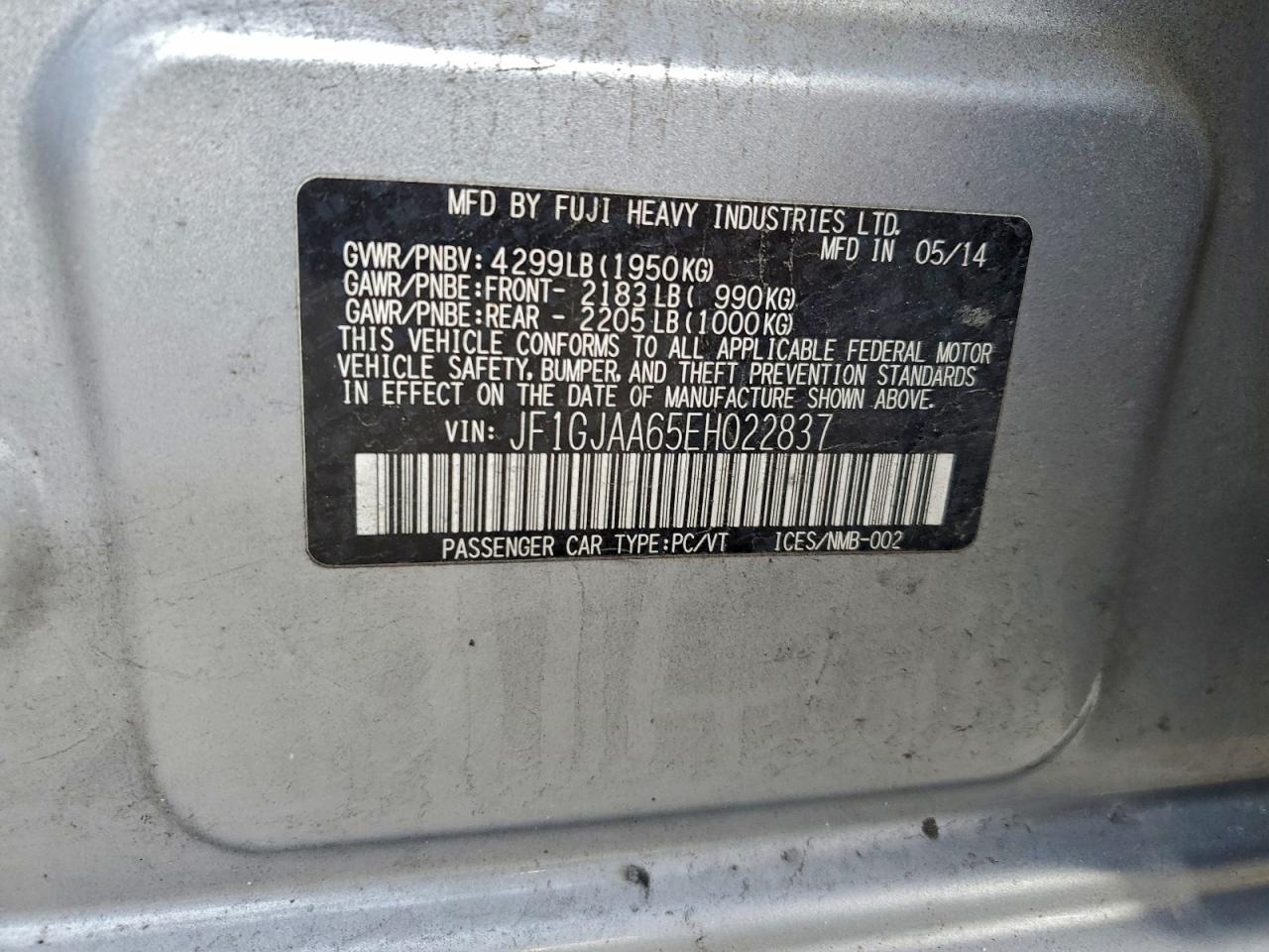 2014 Subaru Impreza VIN: JF1GJAA65EH022837 Lot: 93940815