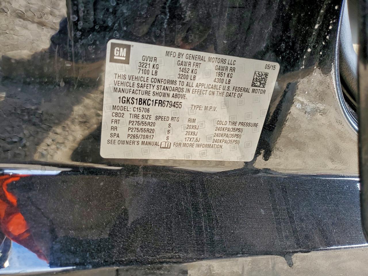 2015 GMC Yukon Slt VIN: 1GKS1BKC1FR679455 Lot: 94146205