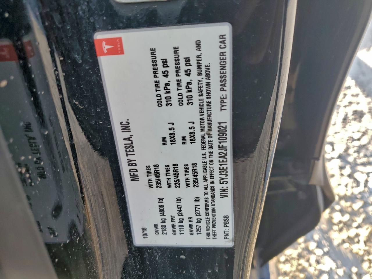 2018 Tesla Model 3 VIN: 5YJ3E1EA2JF109021 Lot: 93517075