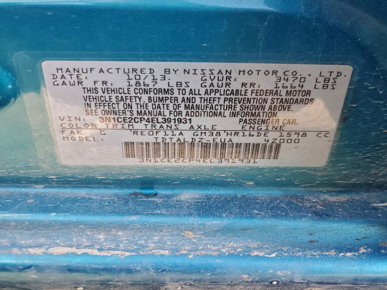 2014 Nissan Versa Note S VIN: 3N1CE2CP4EL391931 Lot: 93340105