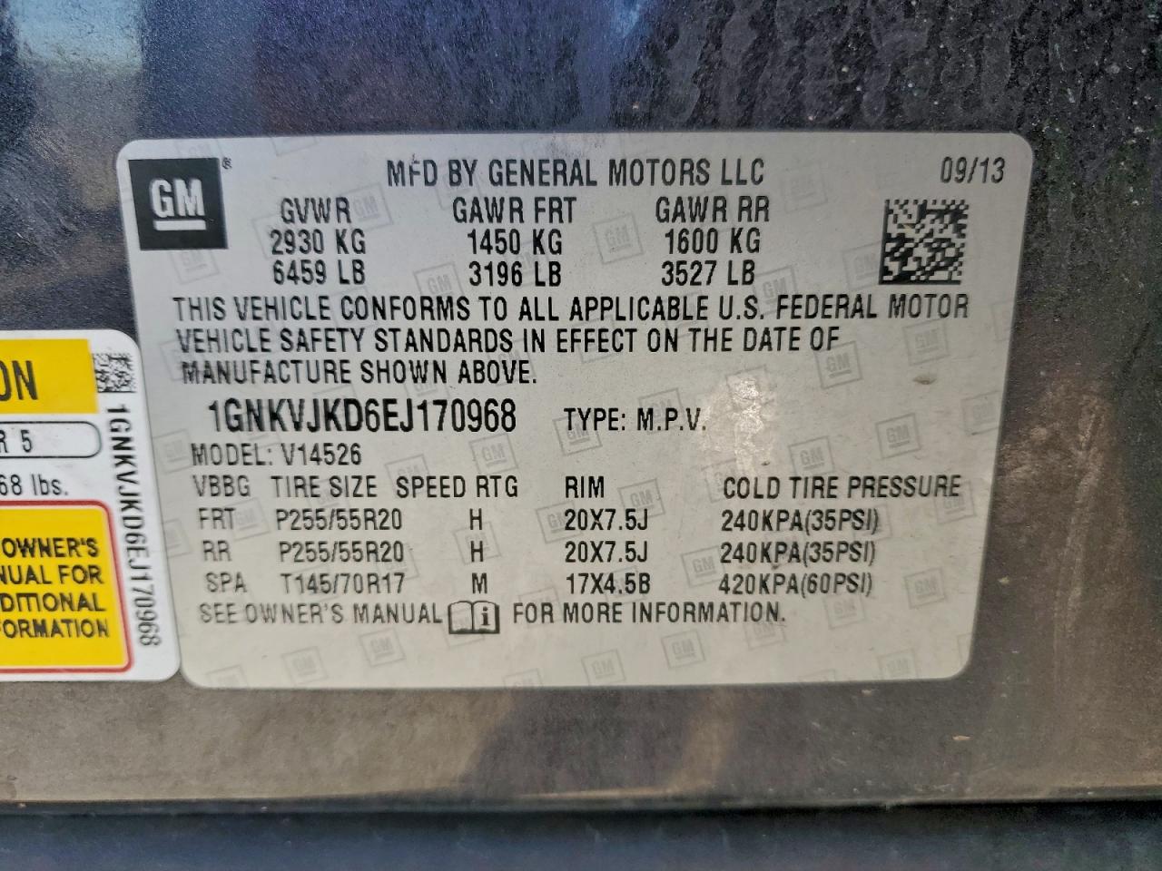 2014 Chevrolet Traverse Ltz VIN: 1GNKVJKD6EJ170968 Lot: 93505675