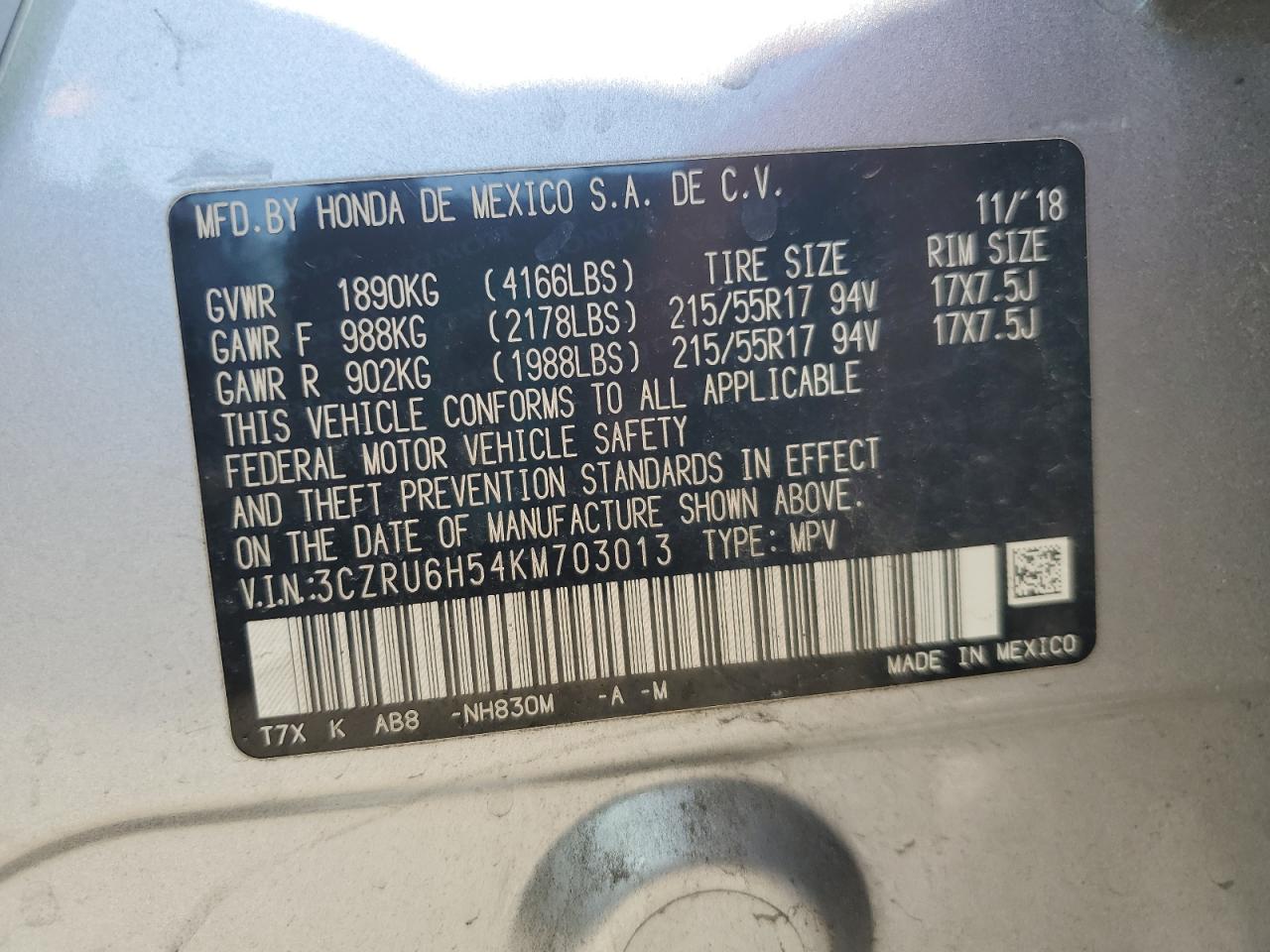 2019 Honda Hr-V Ex VIN: 3CZRU6H54KM703013 Lot: 91107065