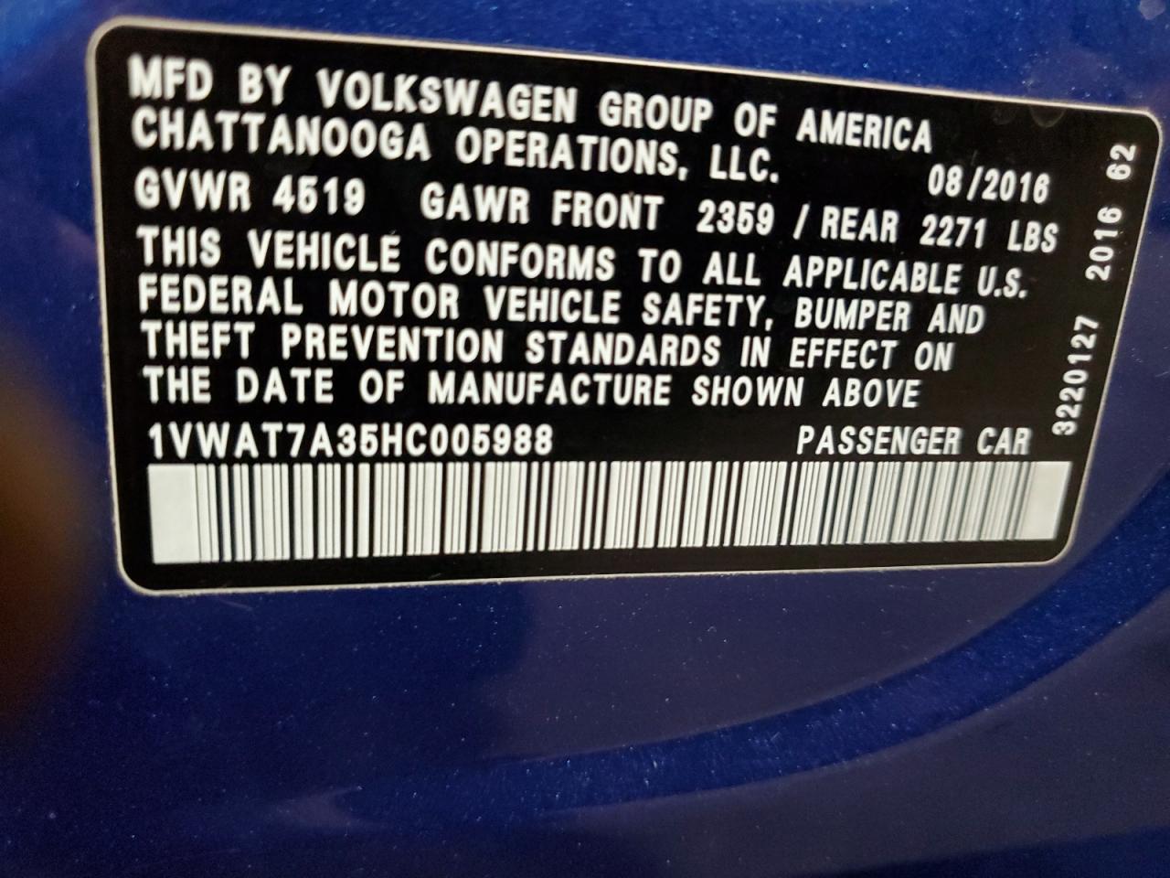 2017 Volkswagen Passat S VIN: 1VWAT7A35HC005988 Lot: 91138325