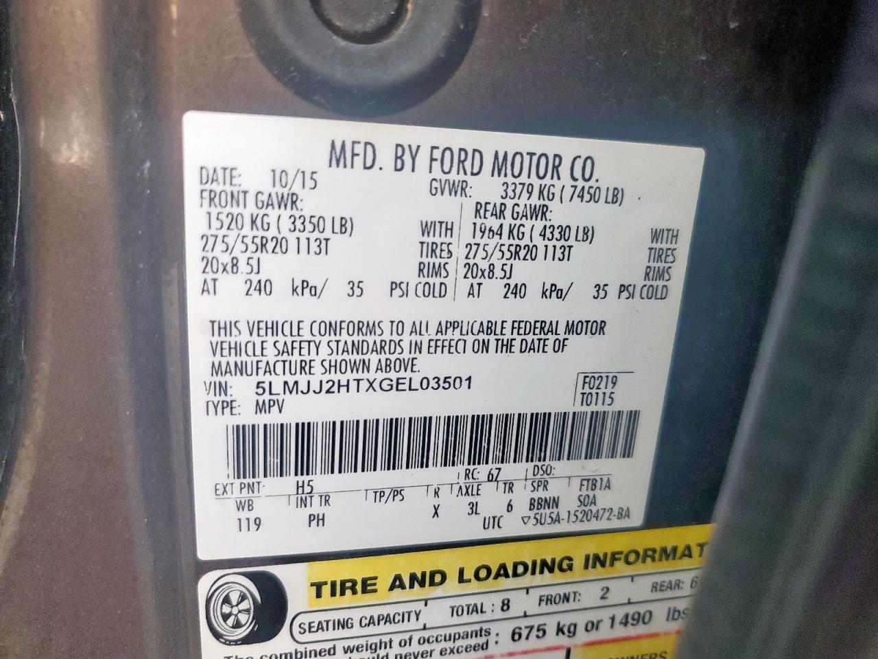 2016 Lincoln Navigator Select VIN: 5LMJJ2HTXGEL03501 Lot: 93297185