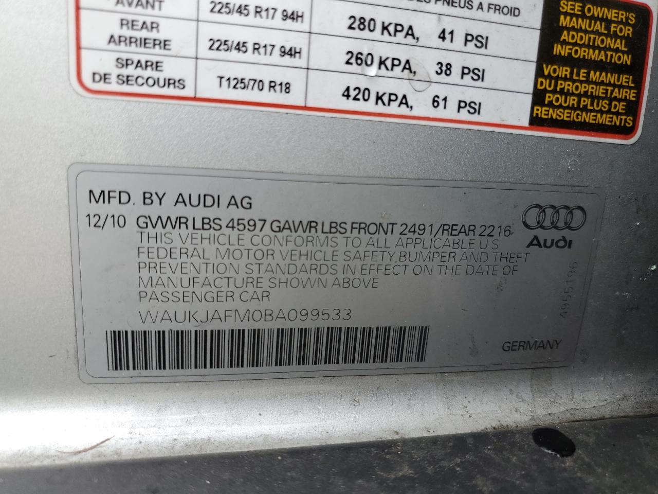 2011 Audi A3 Premium Plus VIN: WAUKJAFM0BA099533 Lot: 92531075