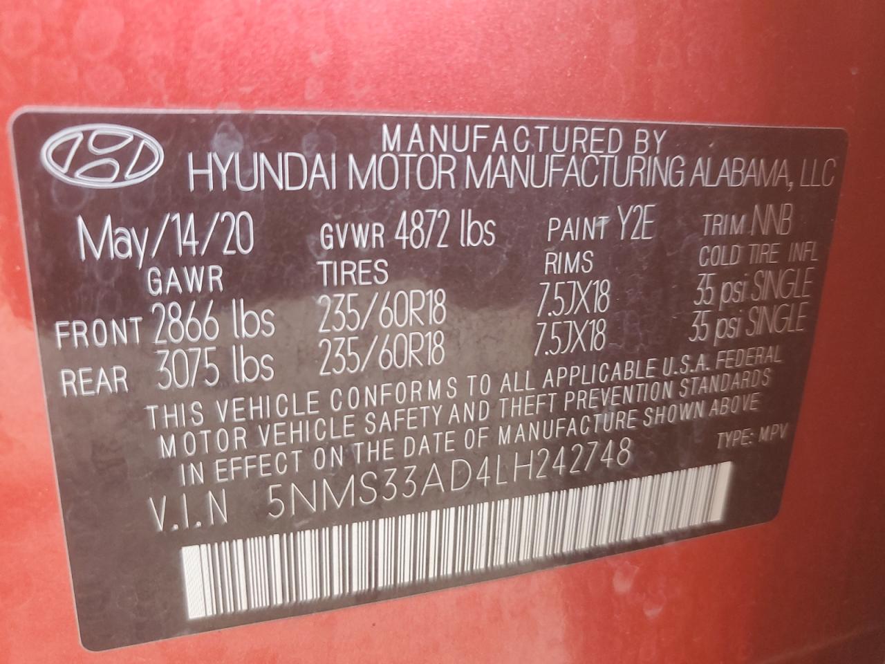 2020 Hyundai Santa Fe Sel VIN: 5NMS33AD4LH242748 Lot: 92901215