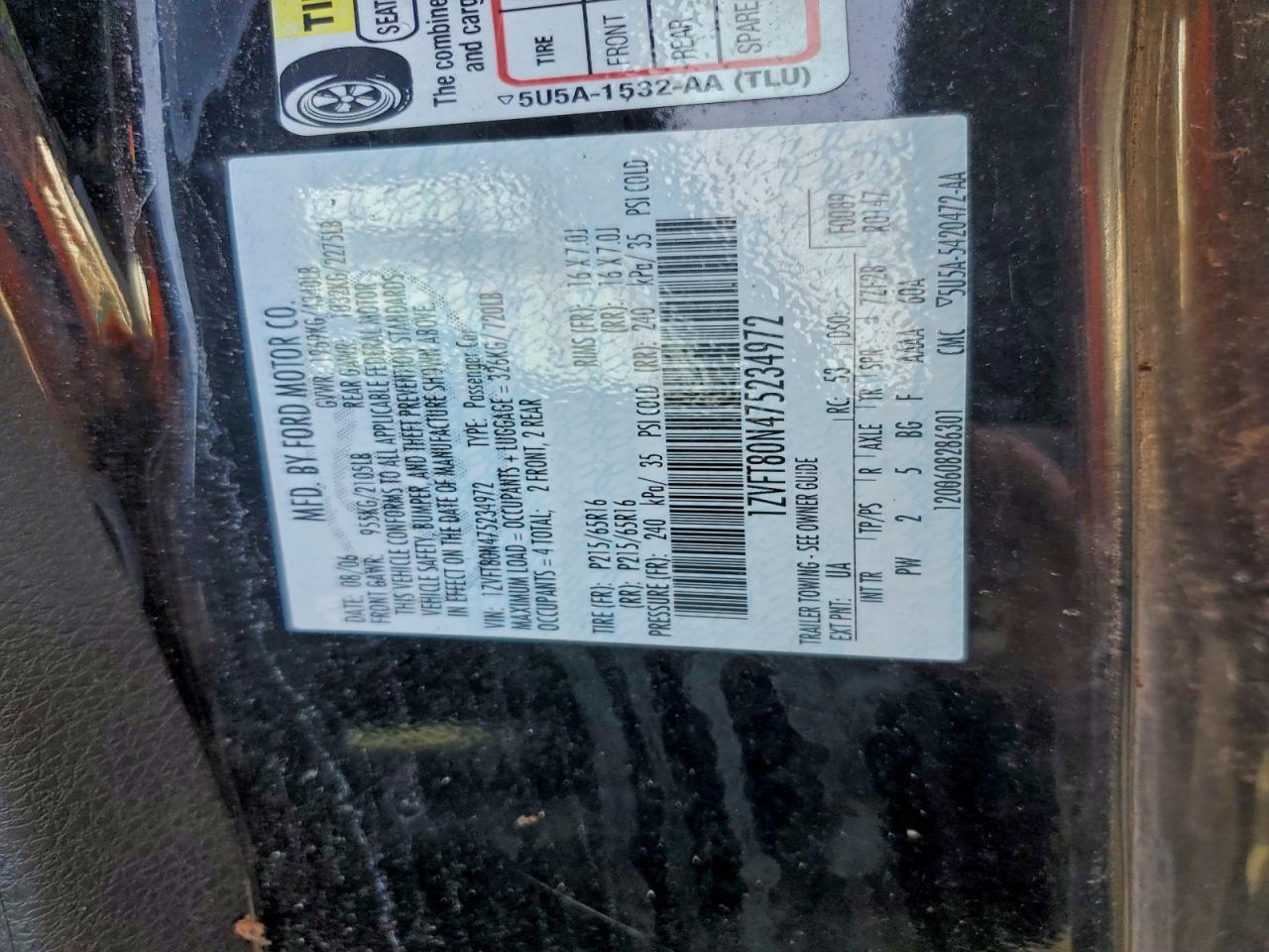 2007 Ford Mustang VIN: 1ZVFT80N475234972 Lot: 86055555