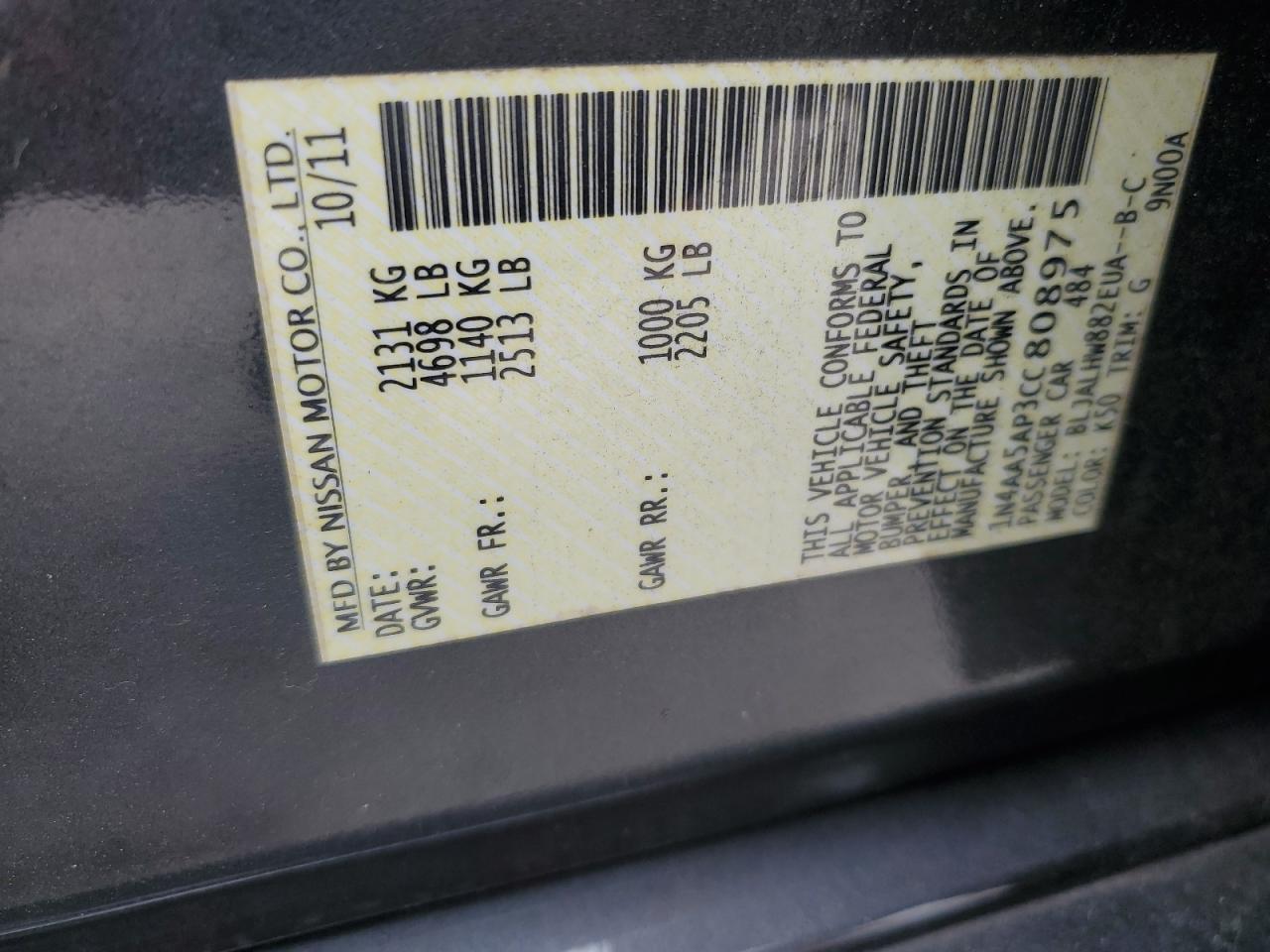 2012 Nissan Maxima S VIN: 1N4AA5AP3CC808975 Lot: 91562375