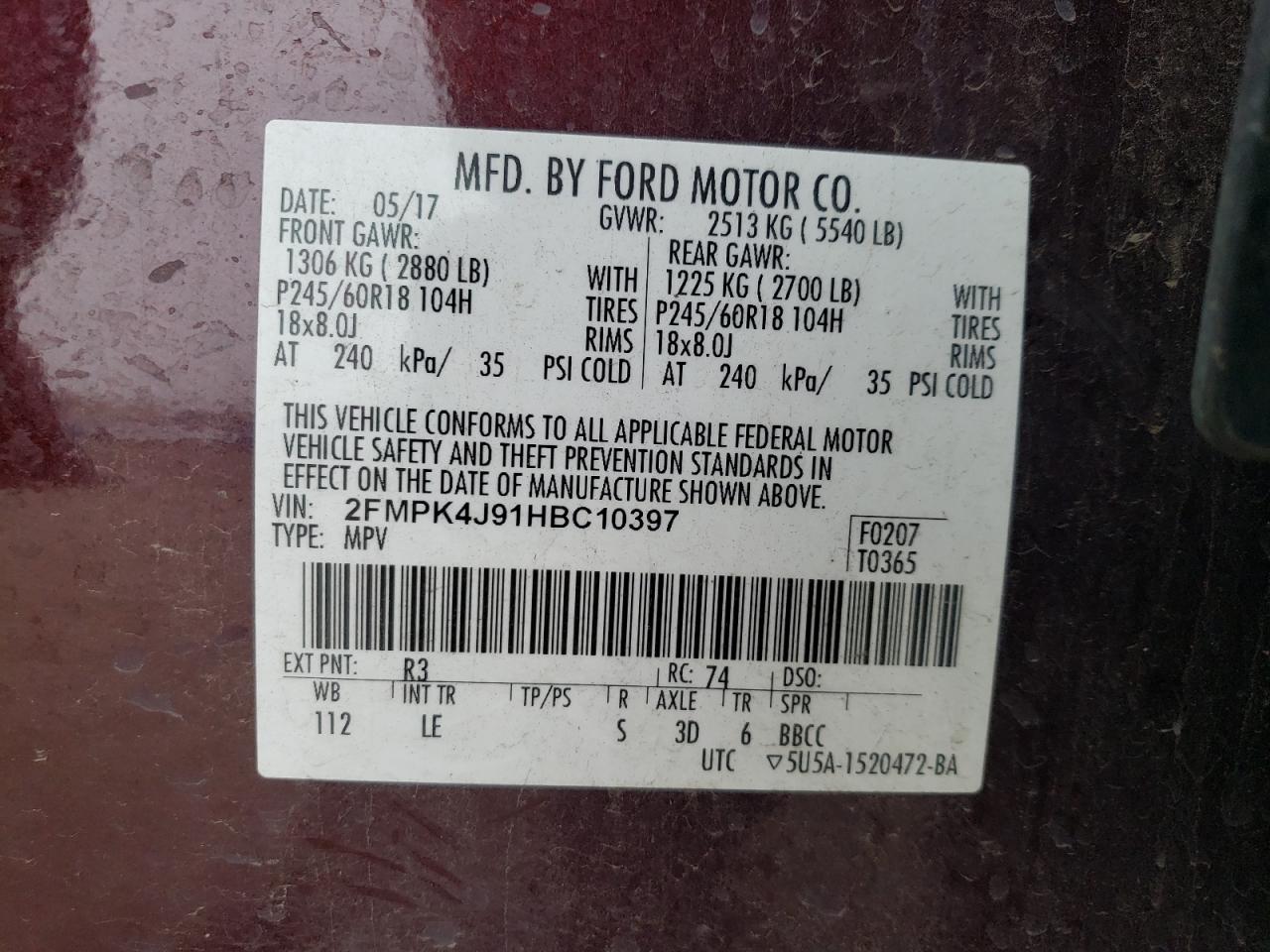 2017 Ford Edge Sel VIN: 2FMPK4J91HBC10397 Lot: 91851265