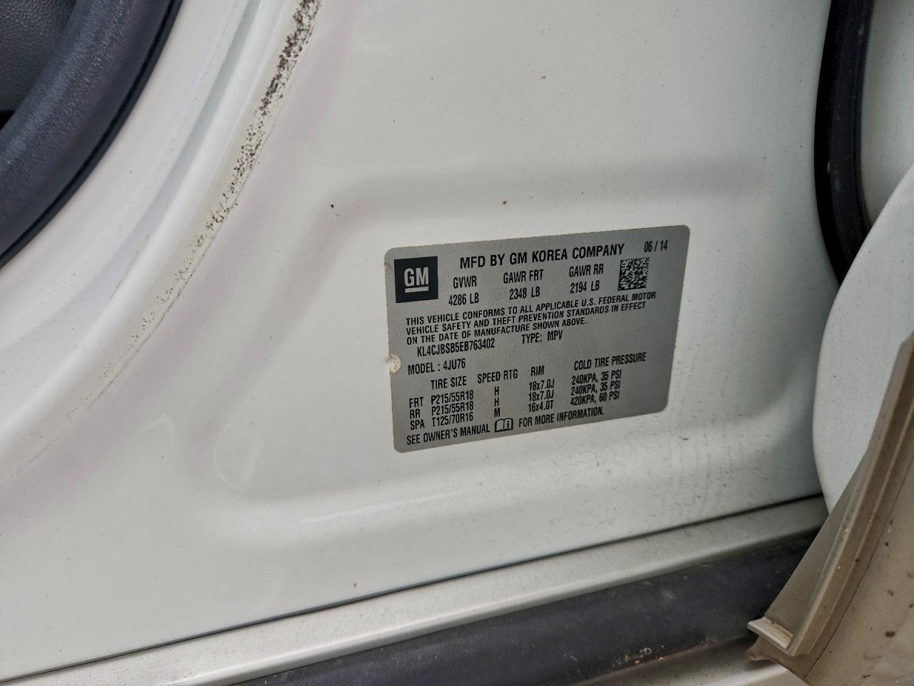 2014 Buick Encore Convenience VIN: KL4CJBSB5EB763402 Lot: 94154985