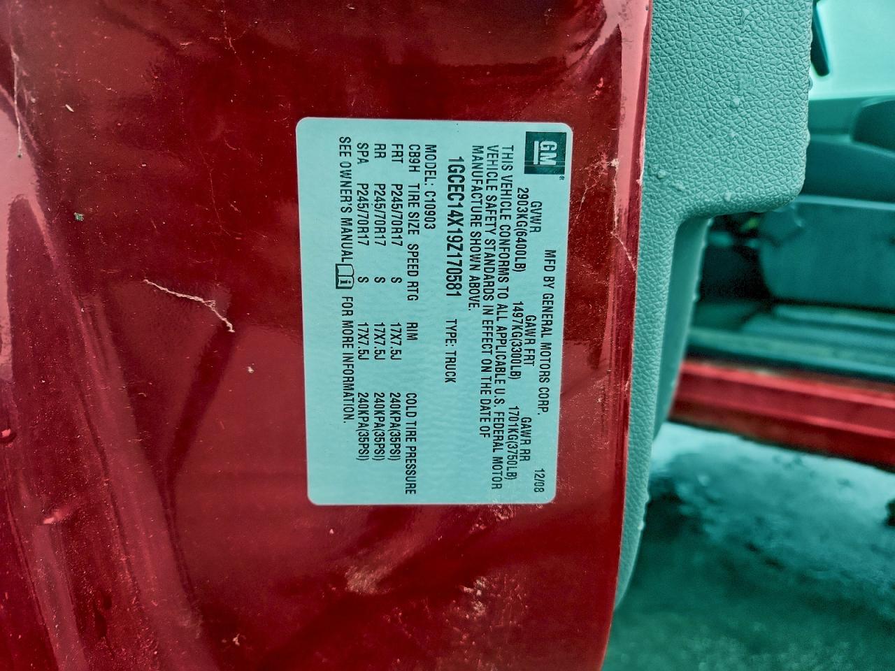 2009 Chevrolet Silverado C1500 VIN: 1GCEC14X19Z170581 Lot: 92383155