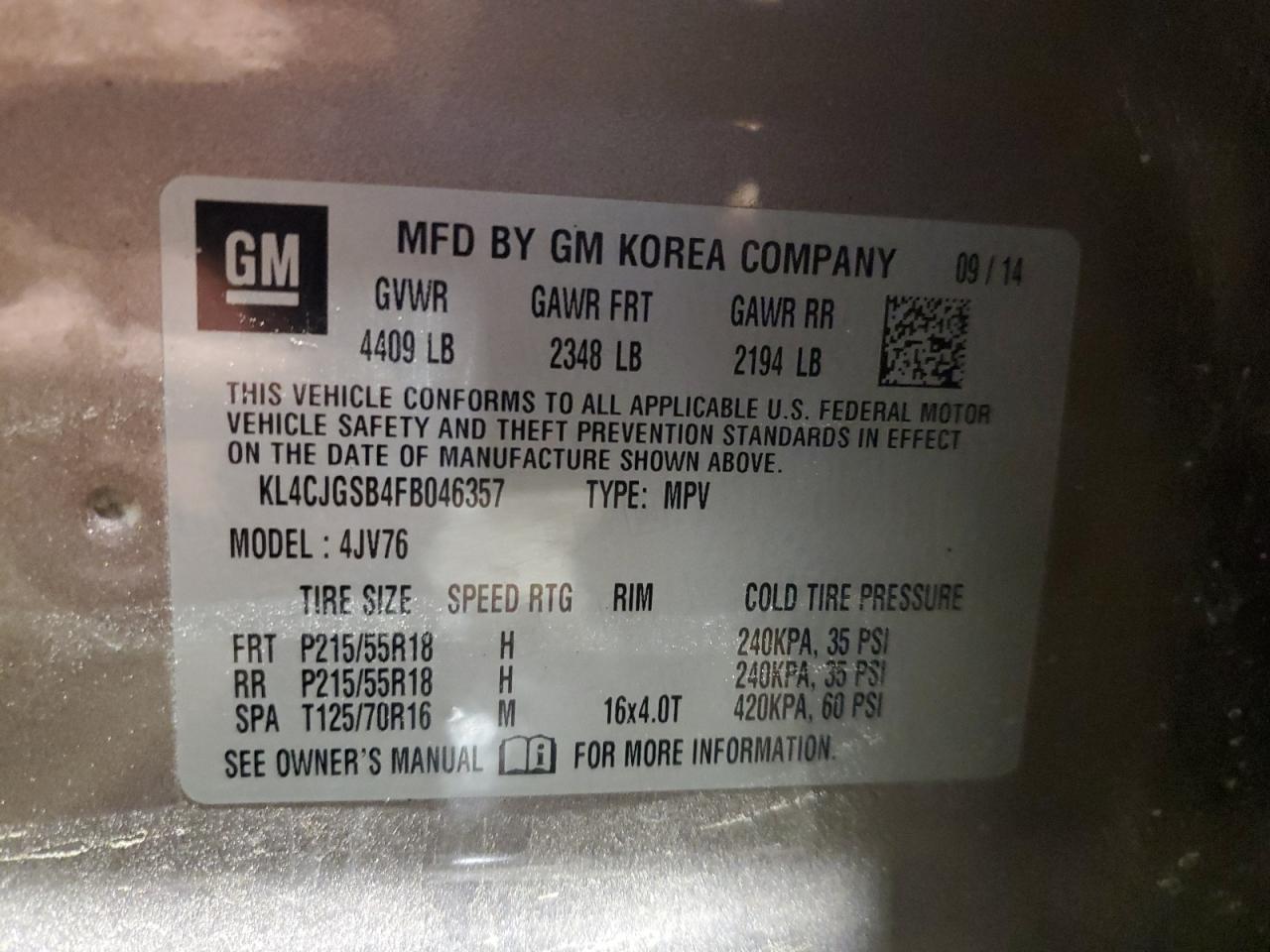 2015 Buick Encore VIN: KL4CJGSB4FB046357 Lot: 93814705