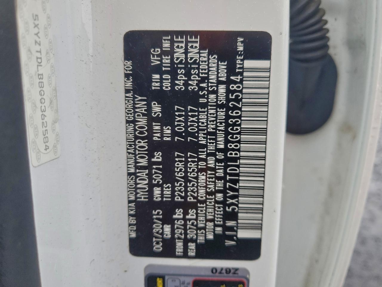 2016 Hyundai Santa Fe Sport VIN: 5XYZTDLB8GG362584 Lot: 93997255