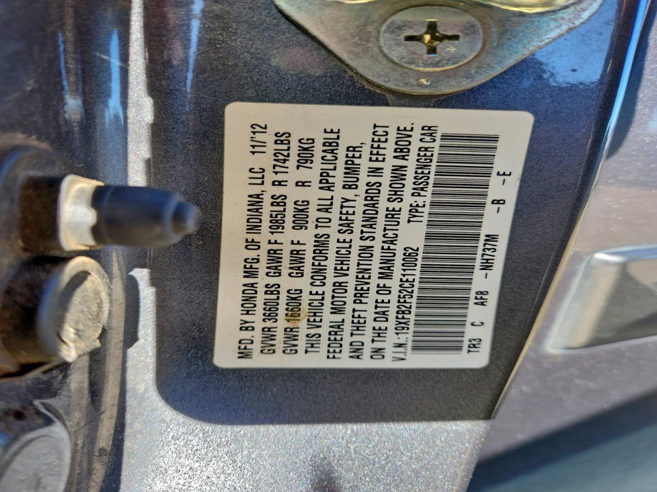 2012 Honda Civic Lx VIN: 19XFB2F52CE110062 Lot: 94383165