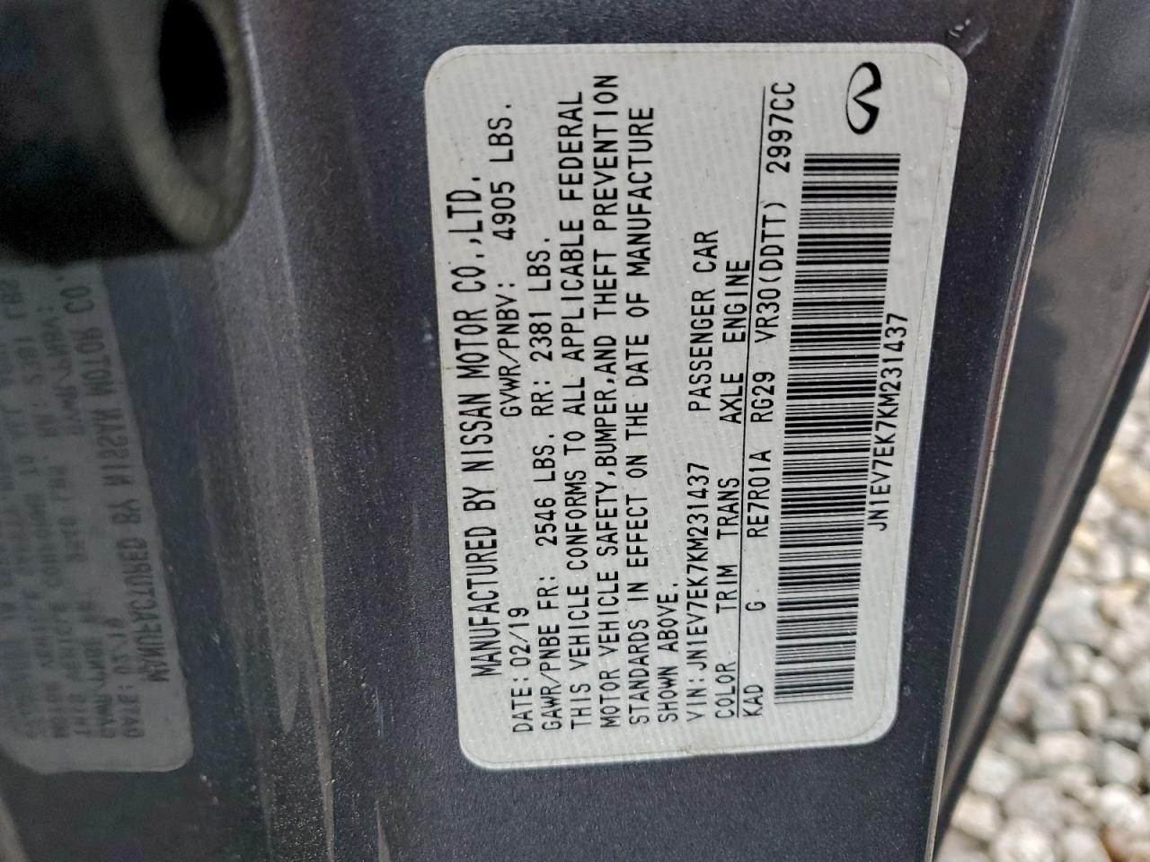 2019 Infiniti Q60 Pure VIN: JN1EV7EK7KM231437 Lot: 93741095