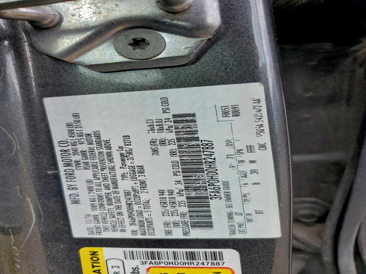 2017 Ford Fusion Se VIN: 3FA6P0HD0HR247887 Lot: 94293065