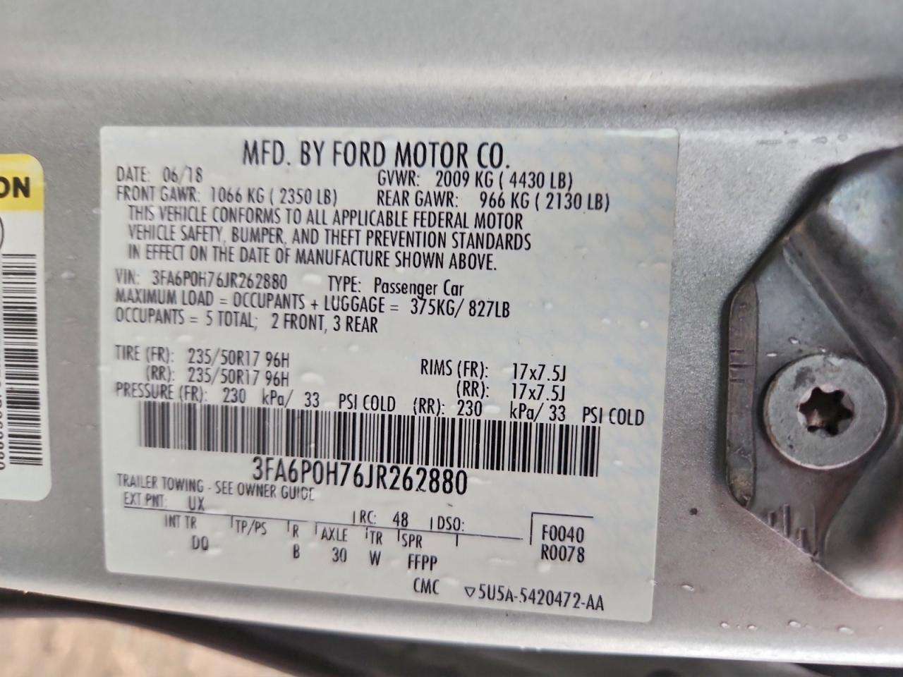 2018 Ford Fusion Se VIN: 3FA6P0H76JR262880 Lot: 93635145