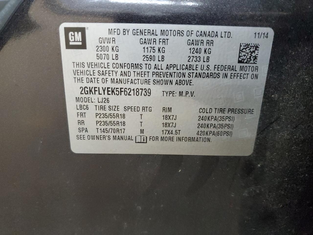 2015 GMC Terrain Slt VIN: 2GKFLYEK5F6218739 Lot: 92208155