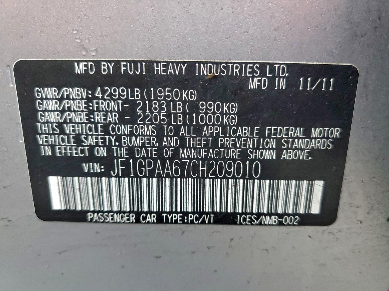 2012 Subaru Impreza VIN: JF1GPAA67CH209010 Lot: 94270415