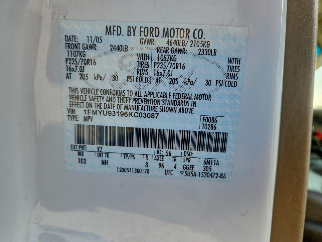 2006 Ford Escape Xlt VIN: 1FMYU93196KC03087 Lot: 93465195