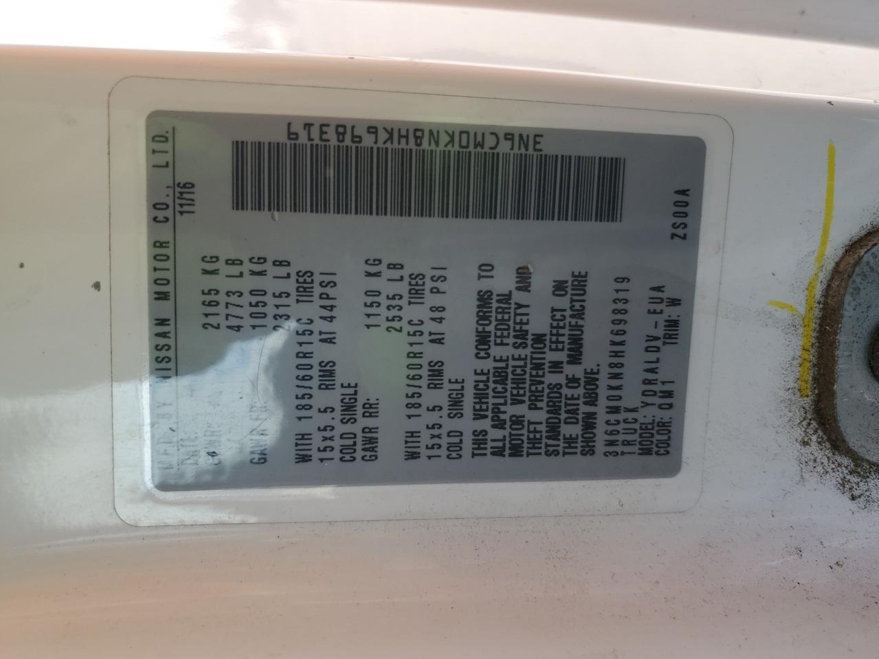 2017 Nissan Nv200 2.5S VIN: 3N6CM0KN8HK698319 Lot: 92281025