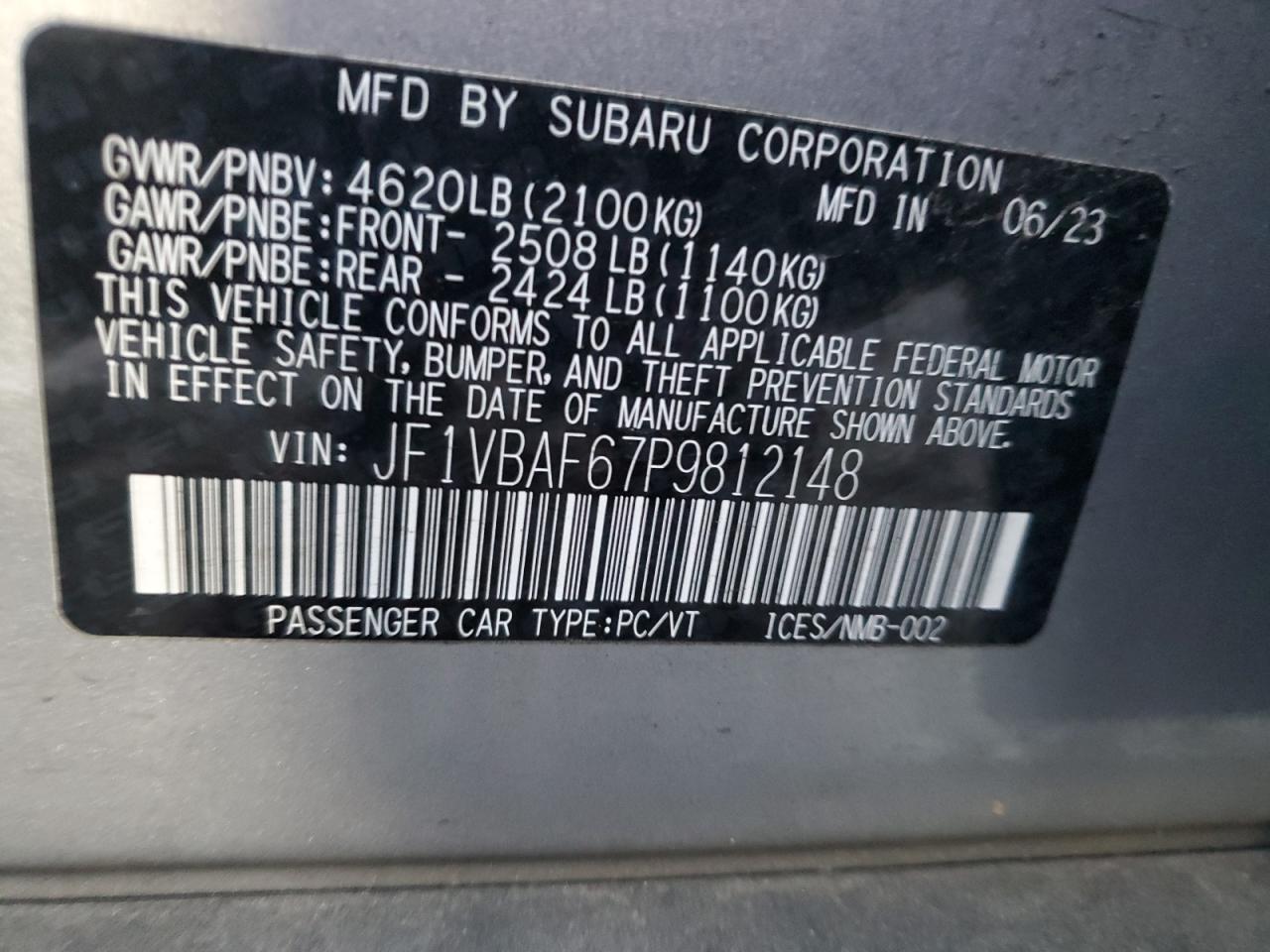 2023 Subaru Wrx Premium VIN: JF1VBAF67P9812148 Lot: 92158355