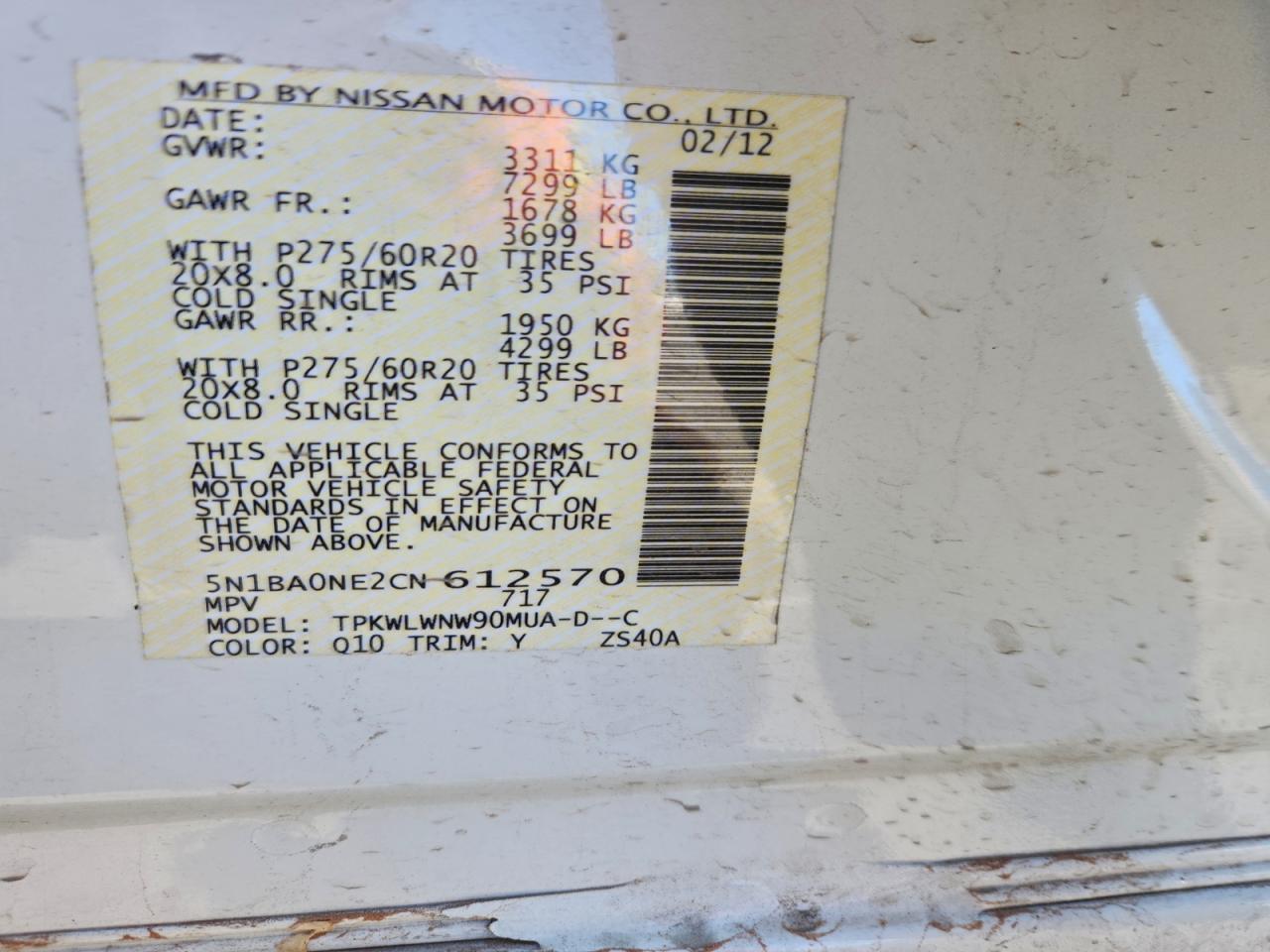 2012 Nissan Armada Sv VIN: 5N1BA0NE2CN612570 Lot: 94192365