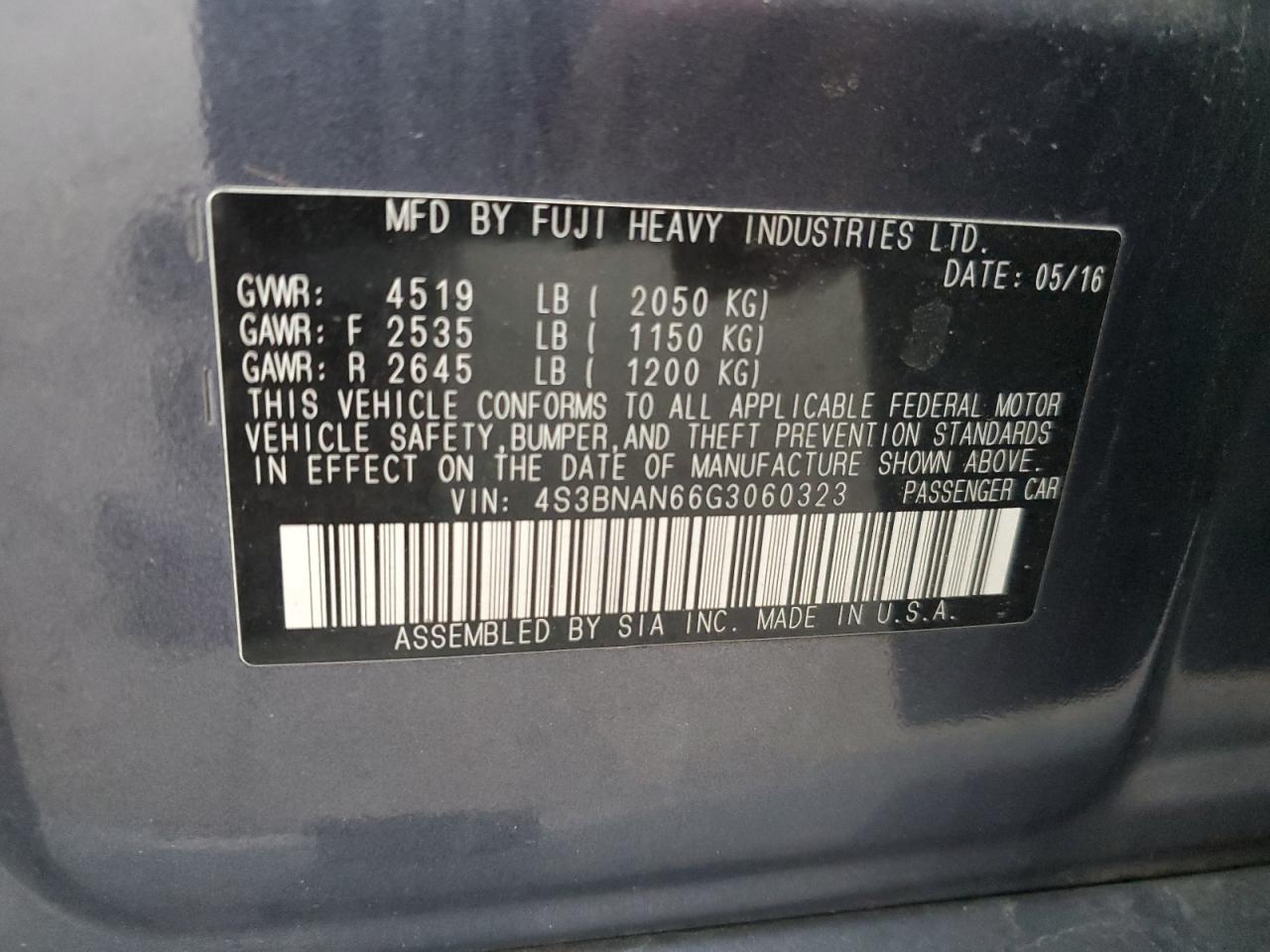 2016 Subaru Legacy 2.5I Limited VIN: 4S3BNAN66G3060323 Lot: 92668855